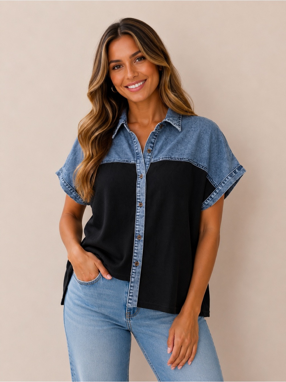 Denim-Trim Black Button-Up Women's Top